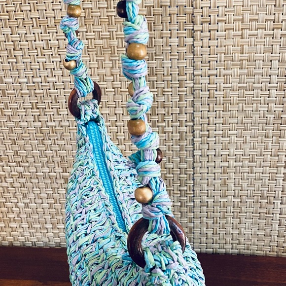 🌟HP🌟NWOT Boho Aqua & Wood Bead Toyo Straw Crossbody Bag by Cappelli Straworld - Picture 10 of 13